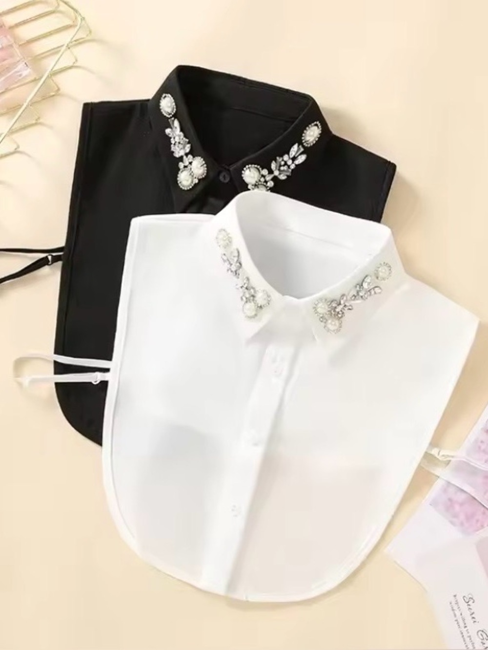 New 2 Set Detachable Collars Adjustable Half Blouse White Black Pearl Rhinestone